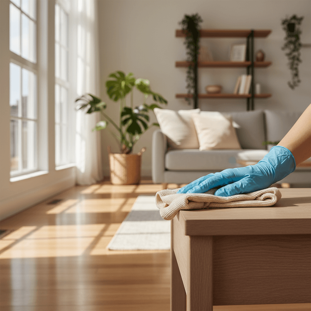 Professional cleaner maintaining a bright residential living room